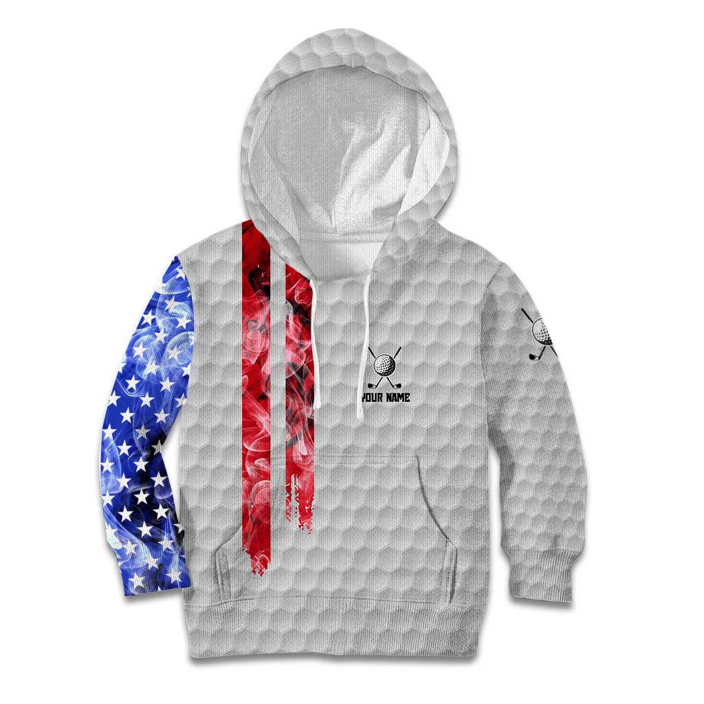 Custom Golf Ball and Clubs Kid Hoodie with American Flag Smoke Effect and Hexagon Pattern - Wonder Print Shop