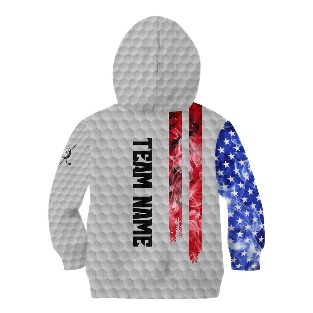 Custom Golf Ball and Clubs Kid Hoodie with American Flag Smoke Effect and Hexagon Pattern - Wonder Print Shop