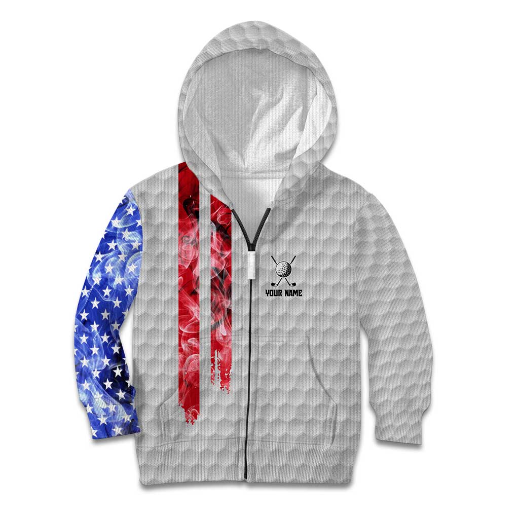 Custom Golf Ball and Clubs Kid Hoodie with American Flag Smoke Effect and Hexagon Pattern - Wonder Print Shop