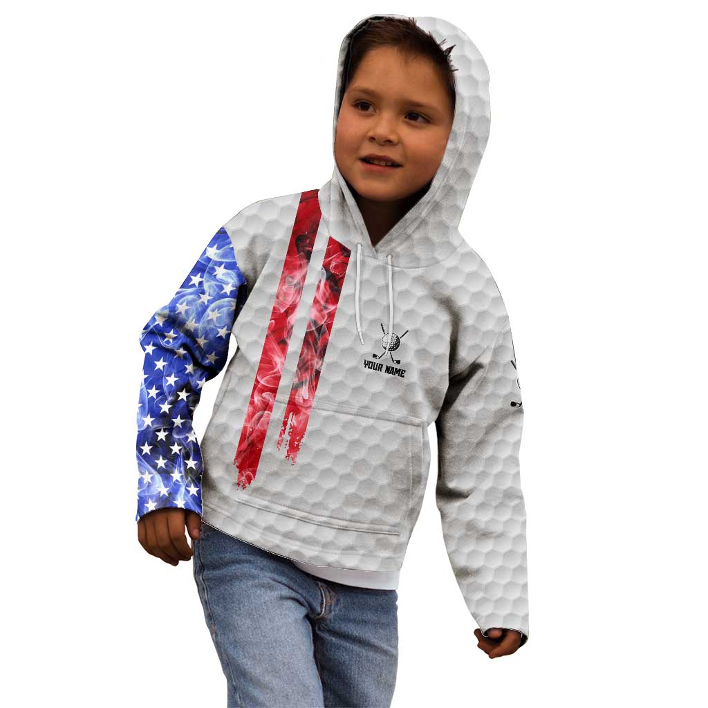 Custom Golf Ball and Clubs Kid Hoodie with American Flag Smoke Effect and Hexagon Pattern - Wonder Print Shop