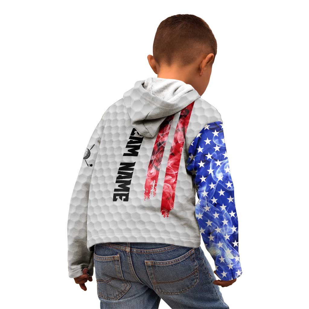 Custom Golf Ball and Clubs Kid Hoodie with American Flag Smoke Effect and Hexagon Pattern - Wonder Print Shop