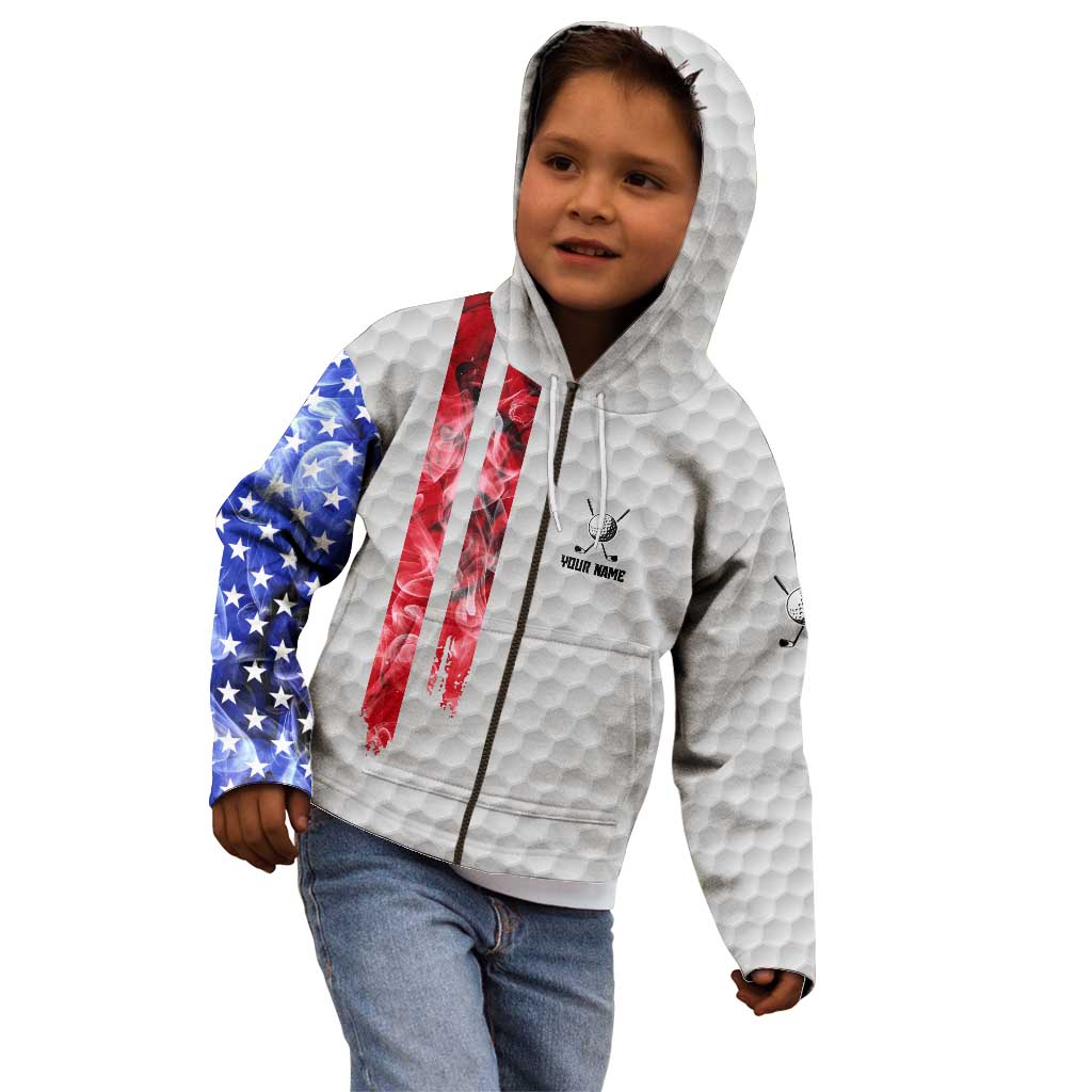 Custom Golf Ball and Clubs Kid Hoodie with American Flag Smoke Effect and Hexagon Pattern - Wonder Print Shop