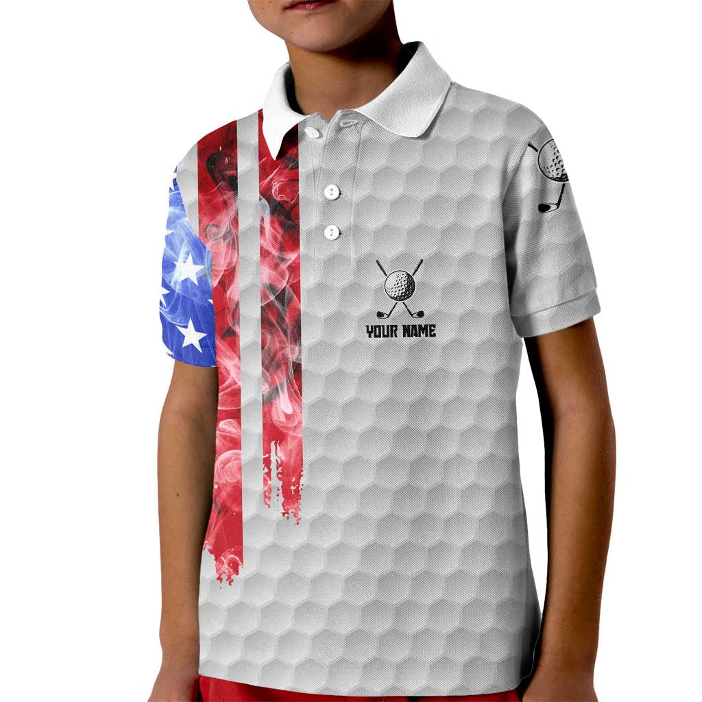 Custom Golf Ball and Clubs Kid Polo Shirt with American Flag Smoke Effect and Hexagon Pattern - Wonder Print Shop