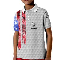Custom Golf Ball and Clubs Kid Polo Shirt with American Flag Smoke Effect and Hexagon Pattern - Wonder Print Shop