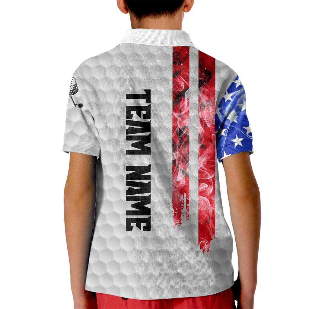 Custom Golf Ball and Clubs Kid Polo Shirt with American Flag Smoke Effect and Hexagon Pattern - Wonder Print Shop