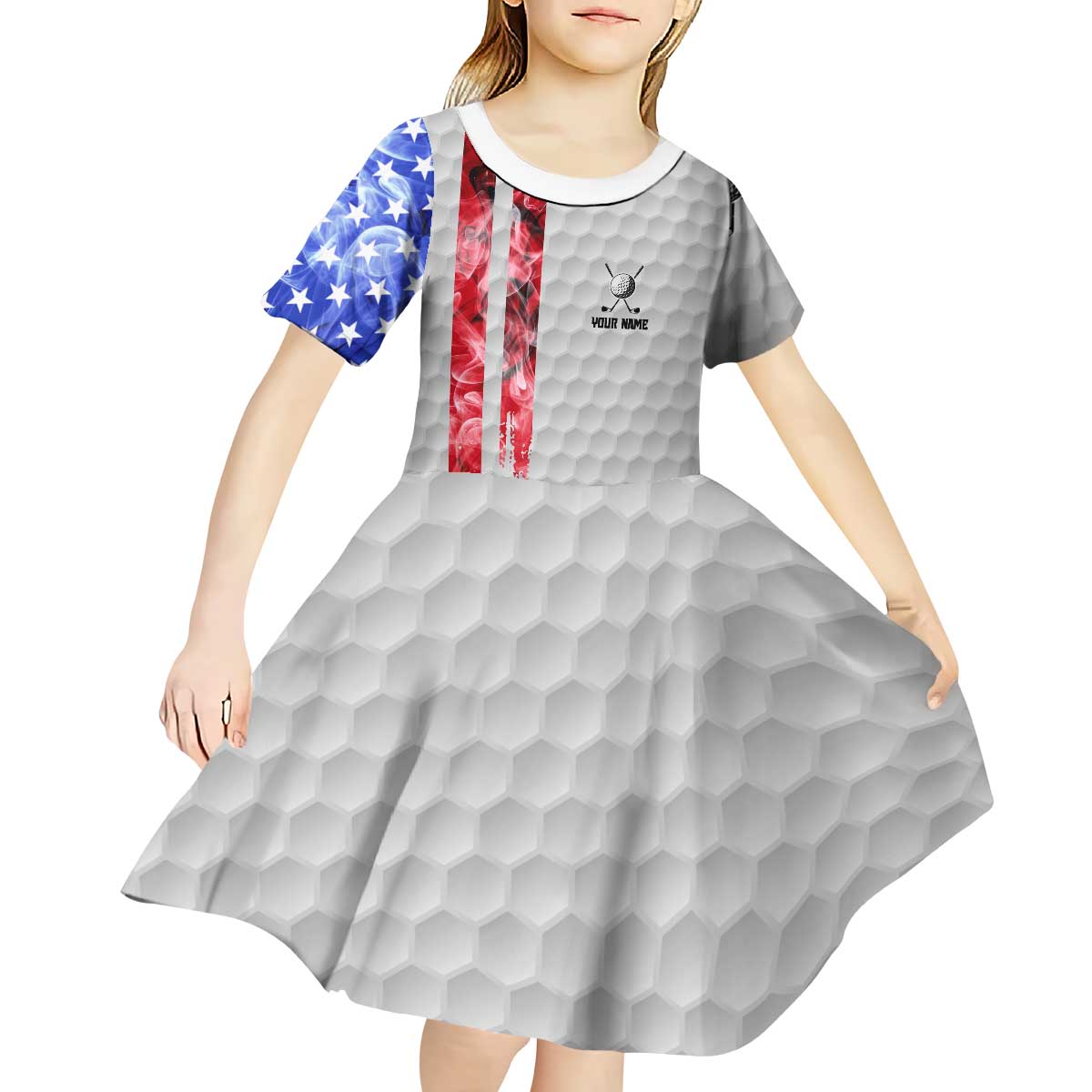 Custom Golf Ball and Clubs Kid Short Sleeve Dress with American Flag Smoke Effect and Hexagon Pattern - Wonder Print Shop