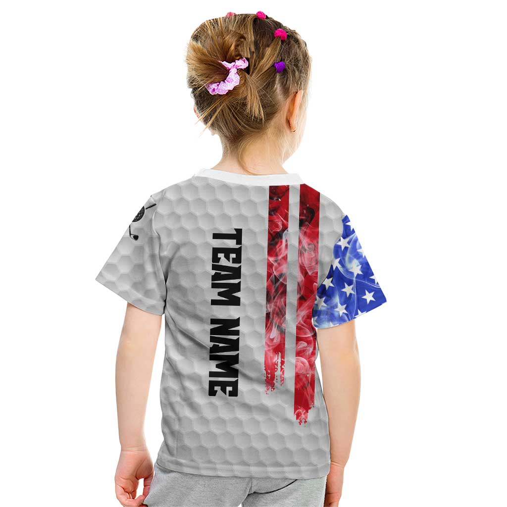 Custom Golf Ball and Clubs Kid T Shirt with American Flag Smoke Effect and Hexagon Pattern - Wonder Print Shop