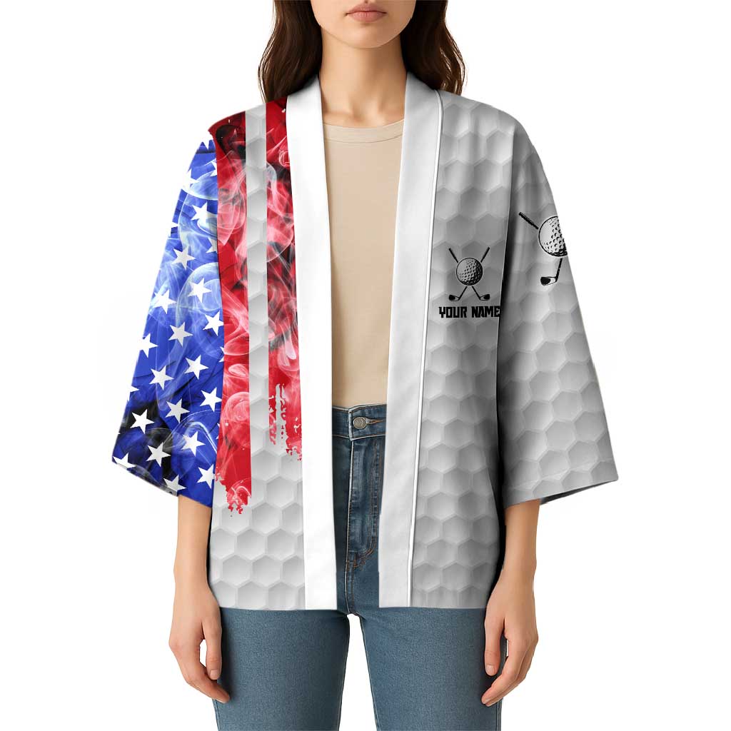 Custom Golf Ball and Clubs Kimono with American Flag Smoke Effect and Hexagon Pattern - Wonder Print Shop