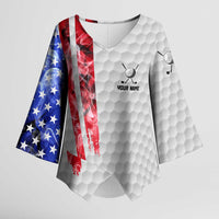 Custom Golf Ball and Clubs Kimono Sleeve Blouse with American Flag Smoke Effect and Hexagon Pattern - Wonder Print Shop