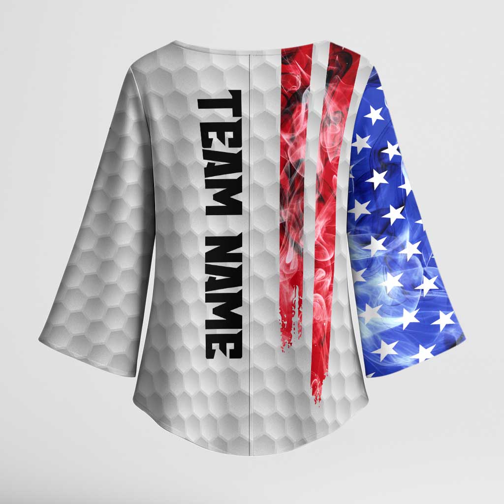Custom Golf Ball and Clubs Kimono Sleeve Blouse with American Flag Smoke Effect and Hexagon Pattern - Wonder Print Shop