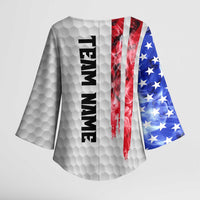 Custom Golf Ball and Clubs Kimono Sleeve Blouse with American Flag Smoke Effect and Hexagon Pattern - Wonder Print Shop