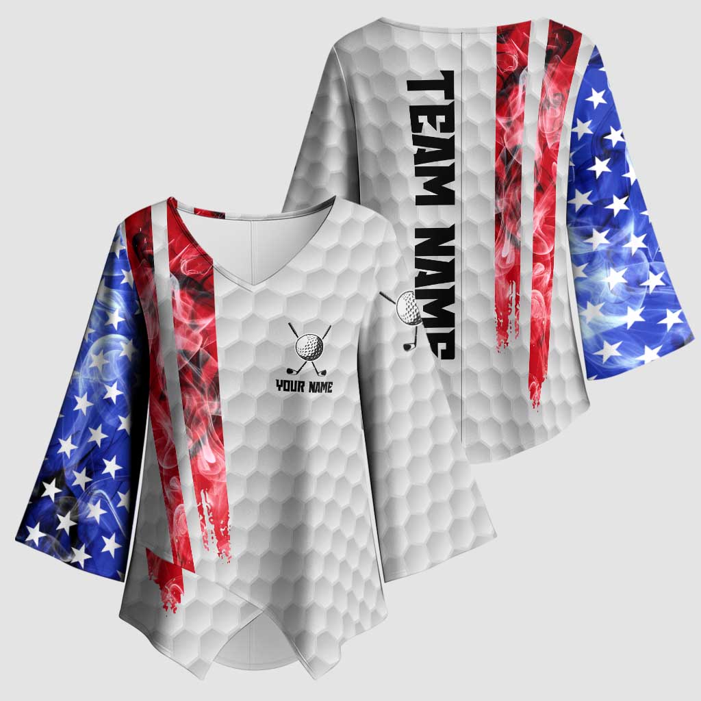 Custom Golf Ball and Clubs Kimono Sleeve Blouse with American Flag Smoke Effect and Hexagon Pattern - Wonder Print Shop