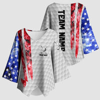 Custom Golf Ball and Clubs Kimono Sleeve Blouse with American Flag Smoke Effect and Hexagon Pattern - Wonder Print Shop