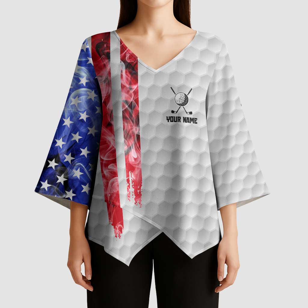 Custom Golf Ball and Clubs Kimono Sleeve Blouse with American Flag Smoke Effect and Hexagon Pattern - Wonder Print Shop