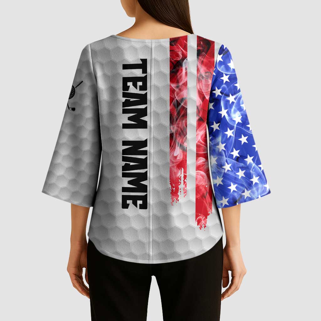 Custom Golf Ball and Clubs Kimono Sleeve Blouse with American Flag Smoke Effect and Hexagon Pattern - Wonder Print Shop
