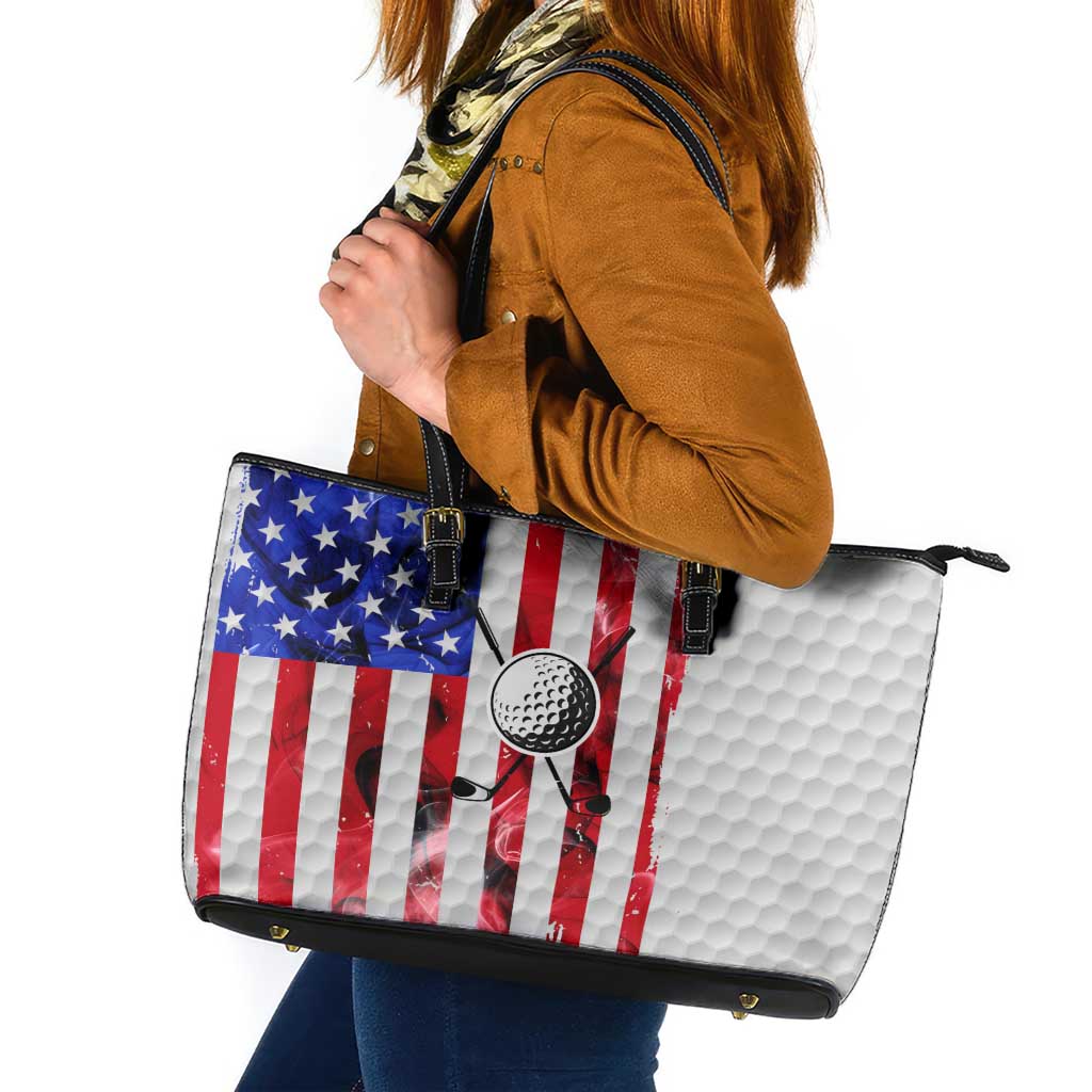 Golf Ball and Clubs Leather Tote Bag with American Flag Smoke Effect and Hexagon Pattern - Wonder Print Shop