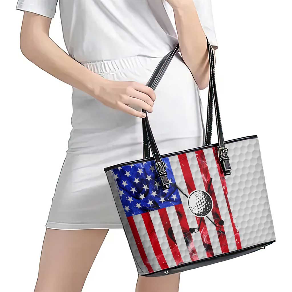 Golf Ball and Clubs Leather Tote Bag with American Flag Smoke Effect and Hexagon Pattern - Wonder Print Shop