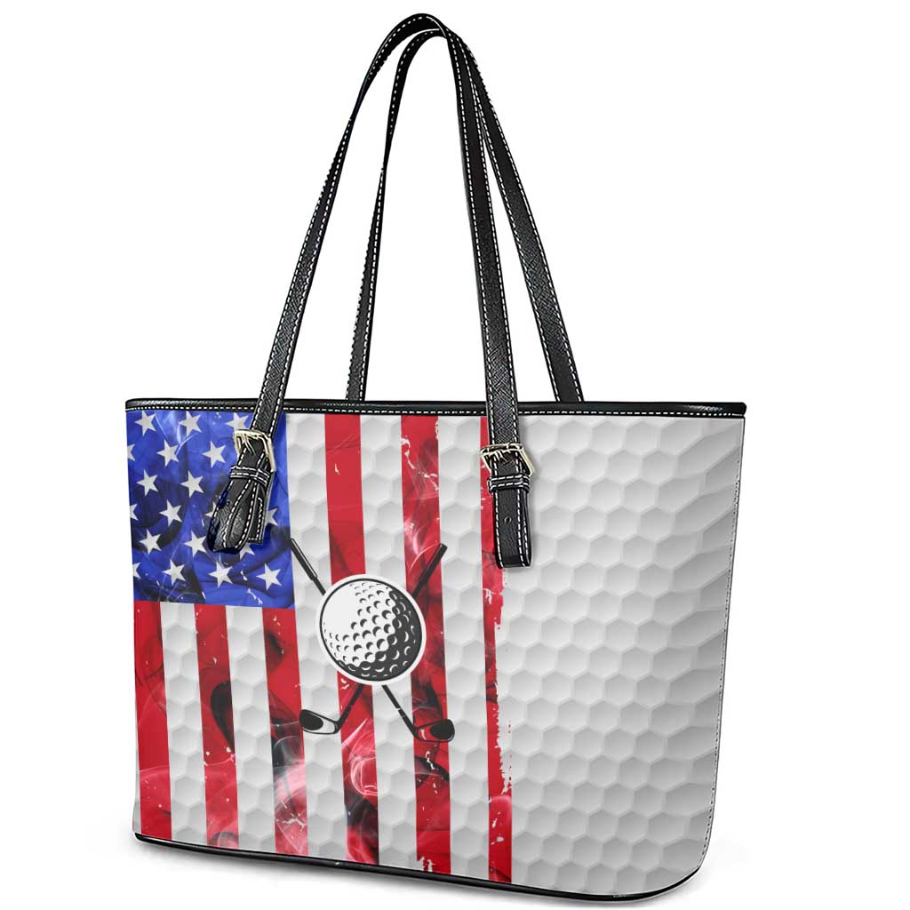 Golf Ball and Clubs Leather Tote Bag with American Flag Smoke Effect and Hexagon Pattern - Wonder Print Shop