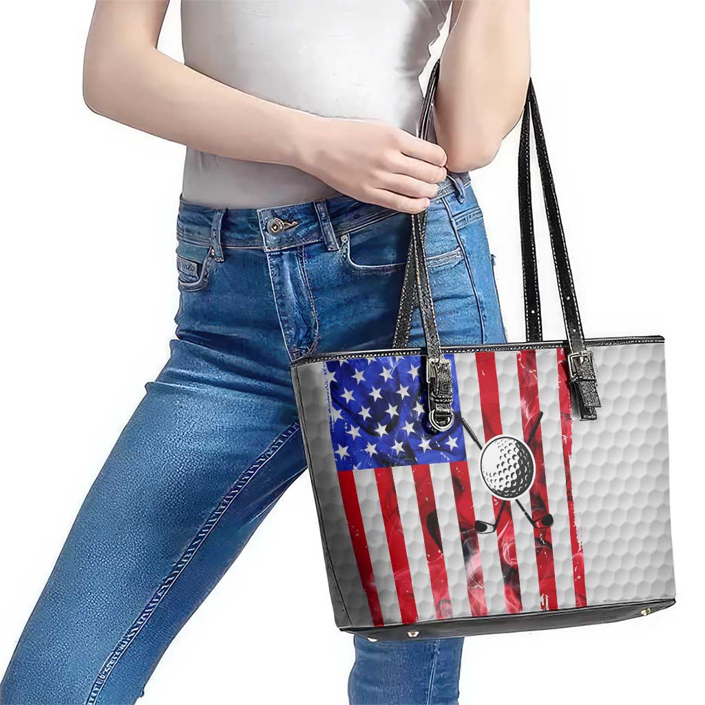 Golf Ball and Clubs Leather Tote Bag with American Flag Smoke Effect and Hexagon Pattern - Wonder Print Shop
