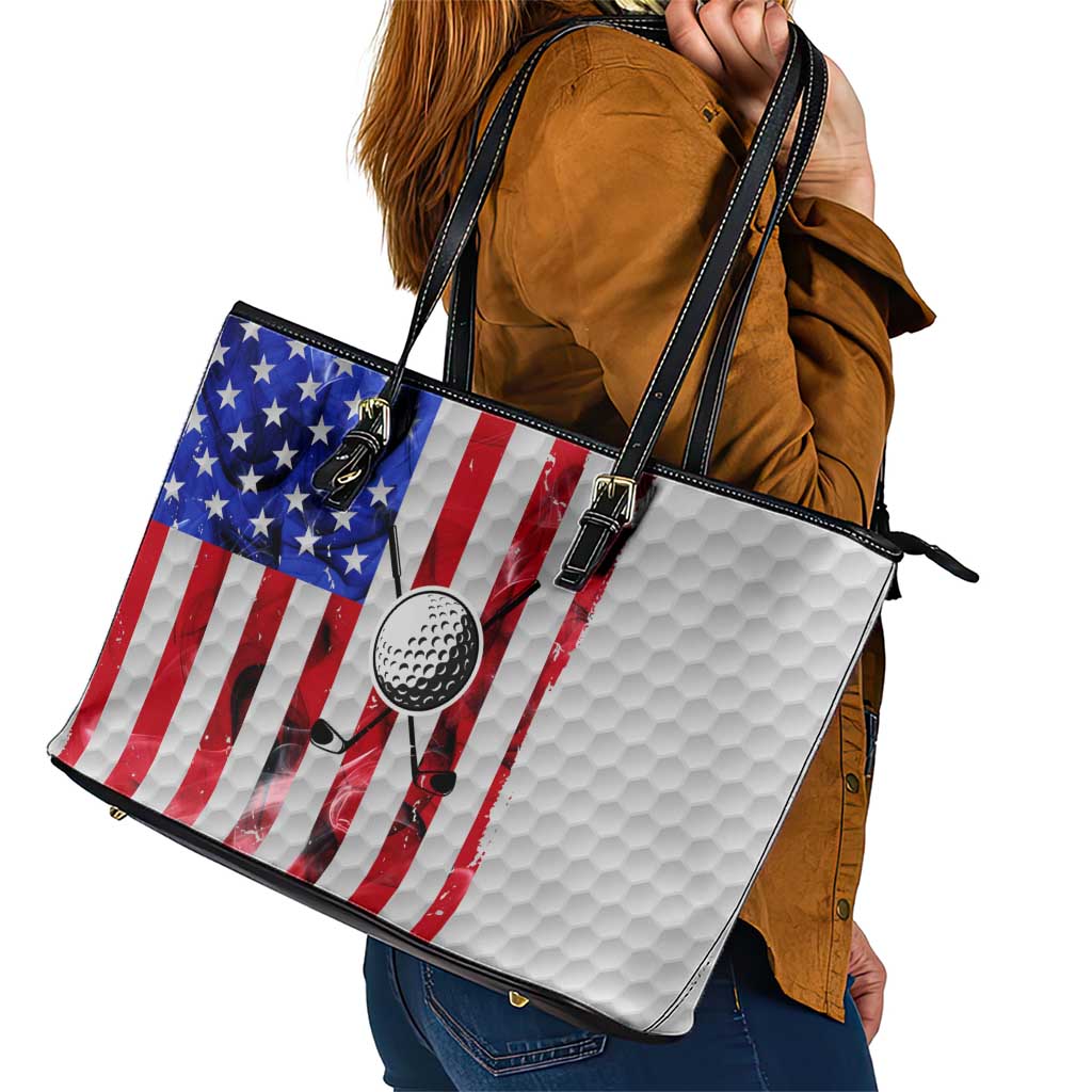 Golf Ball and Clubs Leather Tote Bag with American Flag Smoke Effect and Hexagon Pattern - Wonder Print Shop