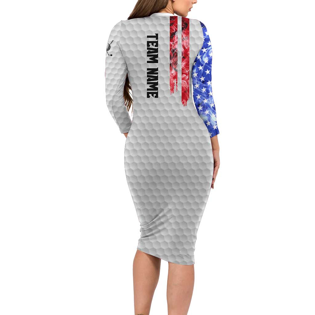 Custom Golf Ball and Clubs Long Sleeve Bodycon Dress with American Flag Smoke Effect and Hexagon Pattern - Wonder Print Shop