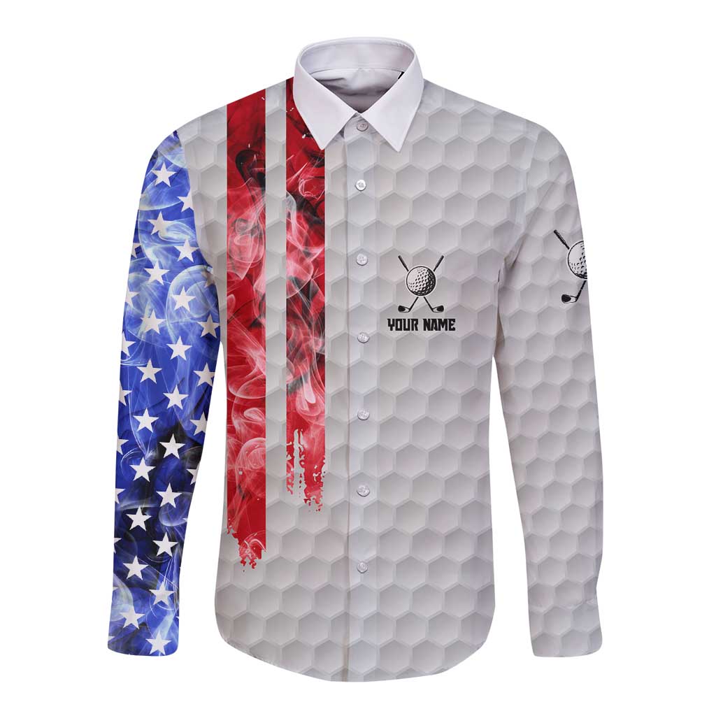 Custom Golf Ball and Clubs Long Sleeve Button Shirt with American Flag Smoke Effect and Hexagon Pattern - Wonder Print Shop