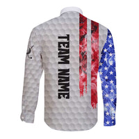 Custom Golf Ball and Clubs Long Sleeve Button Shirt with American Flag Smoke Effect and Hexagon Pattern - Wonder Print Shop