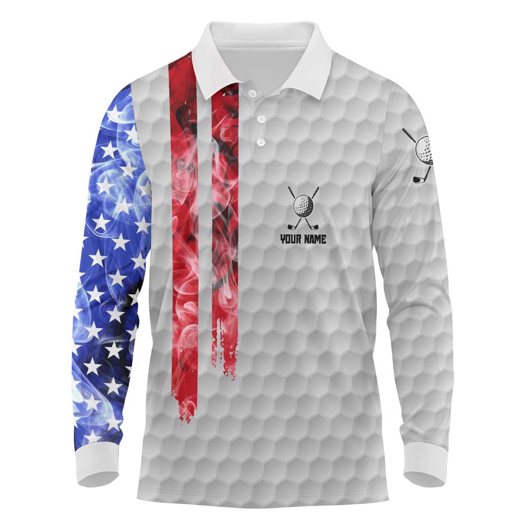 Custom Golf Ball and Clubs Long Sleeve Polo Shirt with American Flag Smoke Effect and Hexagon Pattern - Wonder Print Shop