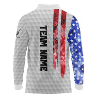 Custom Golf Ball and Clubs Long Sleeve Polo Shirt with American Flag Smoke Effect and Hexagon Pattern - Wonder Print Shop