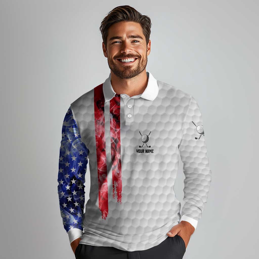 Custom Golf Ball and Clubs Long Sleeve Polo Shirt with American Flag Smoke Effect and Hexagon Pattern - Wonder Print Shop