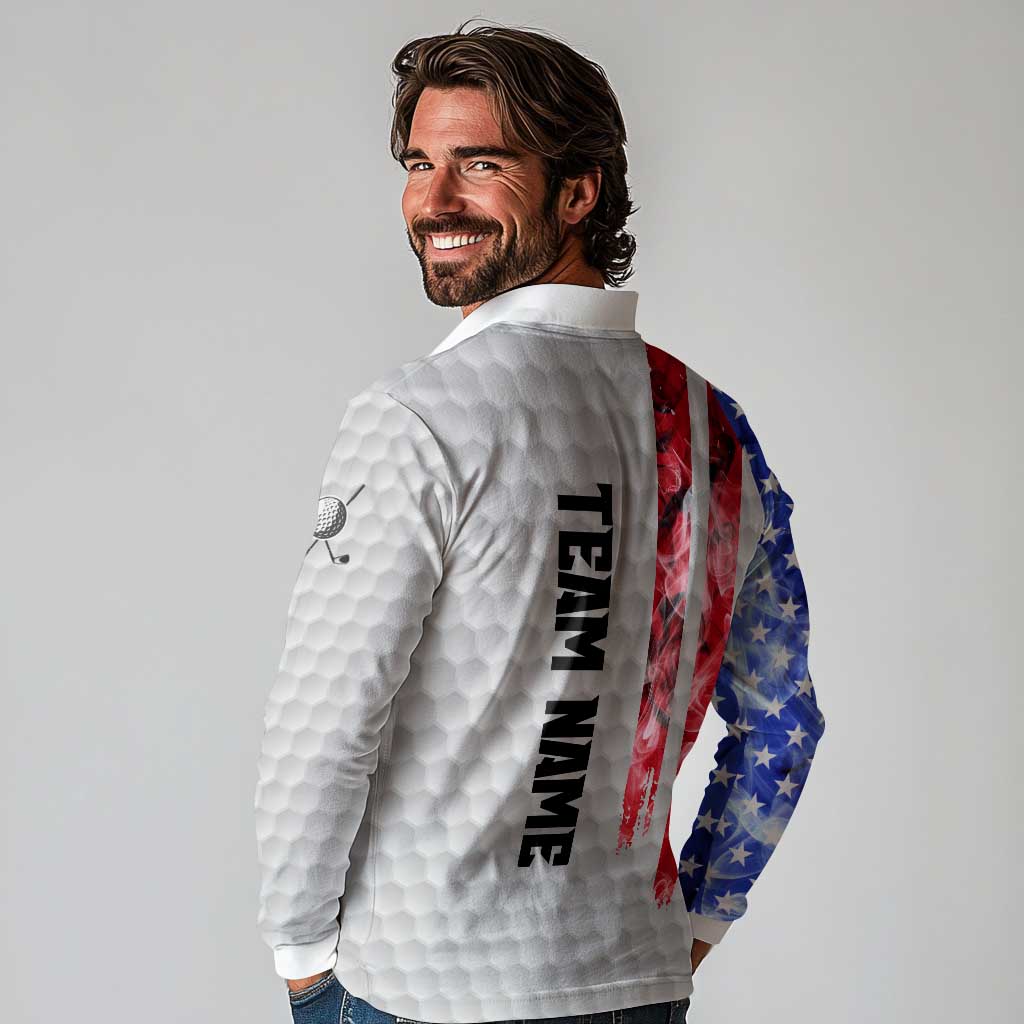 Custom Golf Ball and Clubs Long Sleeve Polo Shirt with American Flag Smoke Effect and Hexagon Pattern - Wonder Print Shop