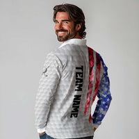 Custom Golf Ball and Clubs Long Sleeve Polo Shirt with American Flag Smoke Effect and Hexagon Pattern - Wonder Print Shop