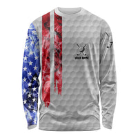 Custom Golf Ball and Clubs Long Sleeve Shirt with American Flag Smoke Effect and Hexagon Pattern - Wonder Print Shop