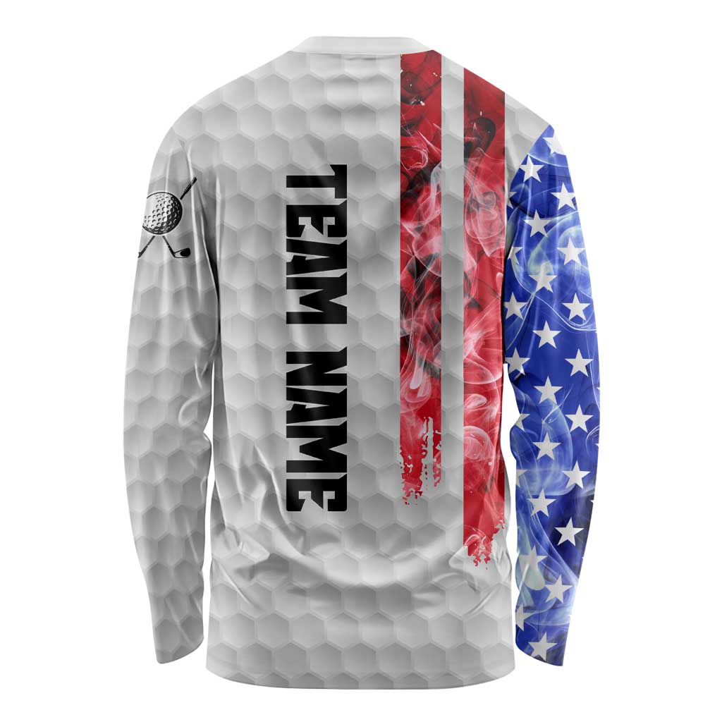 Custom Golf Ball and Clubs Long Sleeve Shirt with American Flag Smoke Effect and Hexagon Pattern - Wonder Print Shop