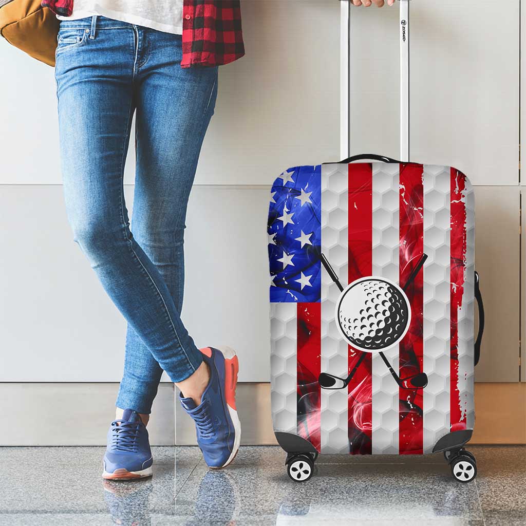 Golf Ball and Clubs Luggage Cover with American Flag Smoke Effect and Hexagon Pattern - Wonder Print Shop