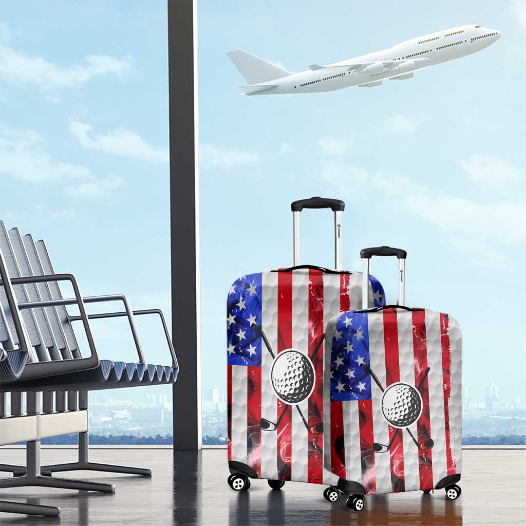 Golf Ball and Clubs Luggage Cover with American Flag Smoke Effect and Hexagon Pattern - Wonder Print Shop
