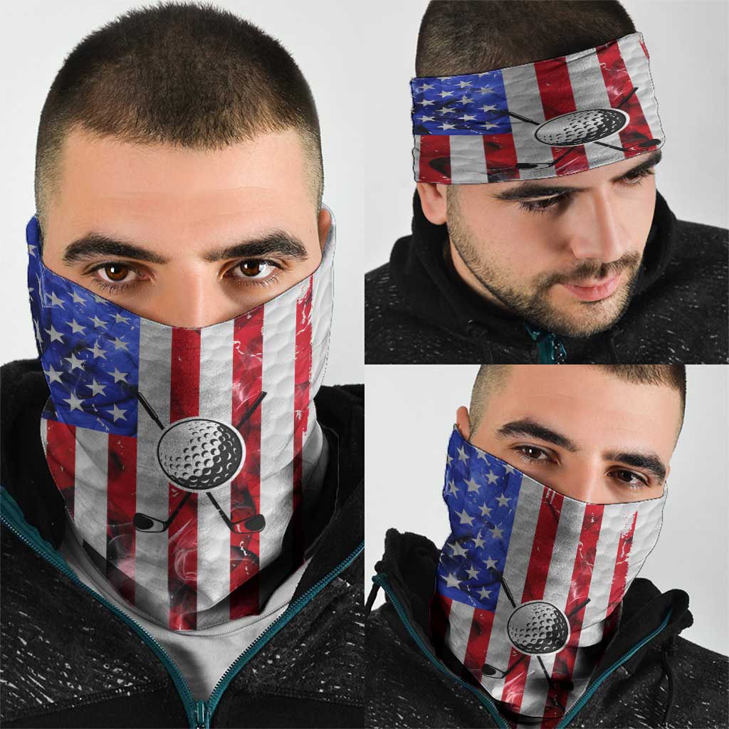 Golf Ball and Clubs Neck Gaiter with American Flag Smoke Effect and Hexagon Pattern - Wonder Print Shop