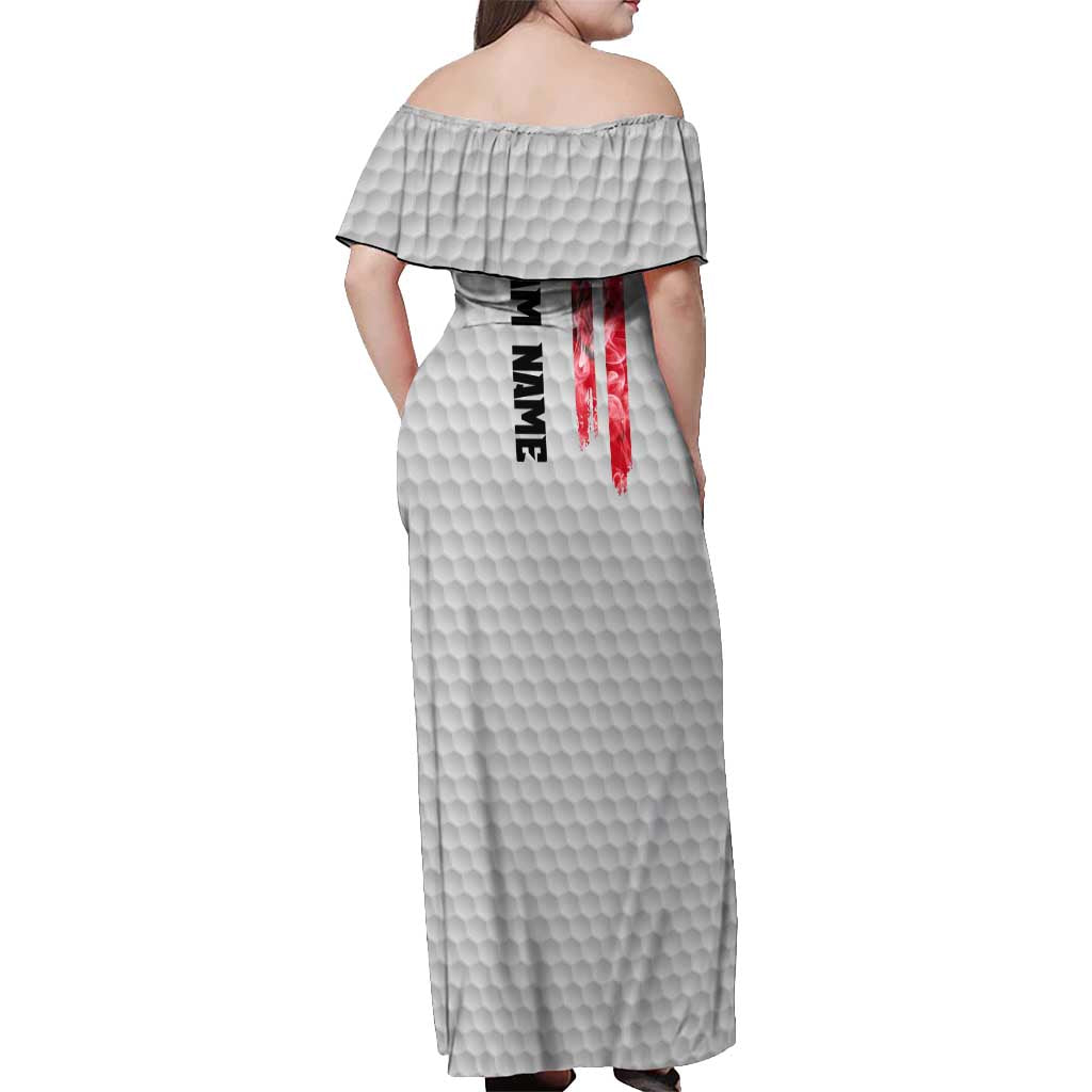 Custom Golf Ball and Clubs Off Shoulder Maxi Dress with American Flag Smoke Effect and Hexagon Pattern - Wonder Print Shop