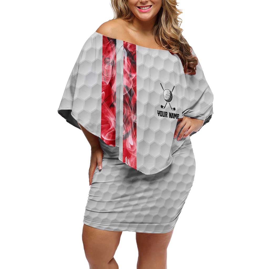 Custom Golf Ball and Clubs Off Shoulder Short Dress with American Flag Smoke Effect and Hexagon Pattern - Wonder Print Shop