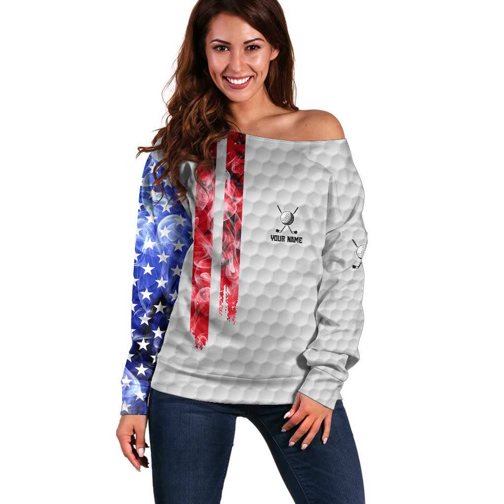 Custom Golf Ball and Clubs Off Shoulder Sweater with American Flag Smoke Effect and Hexagon Pattern - Wonder Print Shop