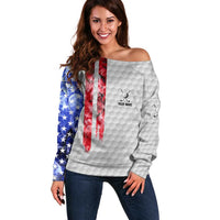 Custom Golf Ball and Clubs Off Shoulder Sweater with American Flag Smoke Effect and Hexagon Pattern - Wonder Print Shop