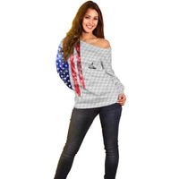 Custom Golf Ball and Clubs Off Shoulder Sweater with American Flag Smoke Effect and Hexagon Pattern - Wonder Print Shop