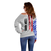 Custom Golf Ball and Clubs Off Shoulder Sweater with American Flag Smoke Effect and Hexagon Pattern - Wonder Print Shop