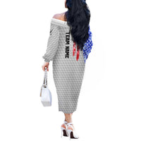 Custom Golf Ball and Clubs Off The Shoulder Long Sleeve Dress with American Flag Smoke Effect and Hexagon Pattern - Wonder Print Shop