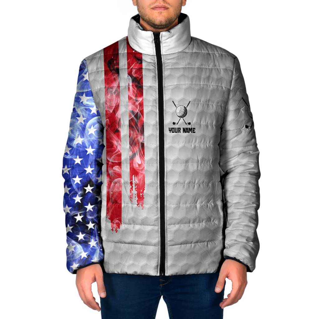 Custom Golf Ball and Clubs Padded Jacket with American Flag Smoke Effect and Hexagon Pattern - Wonder Print Shop
