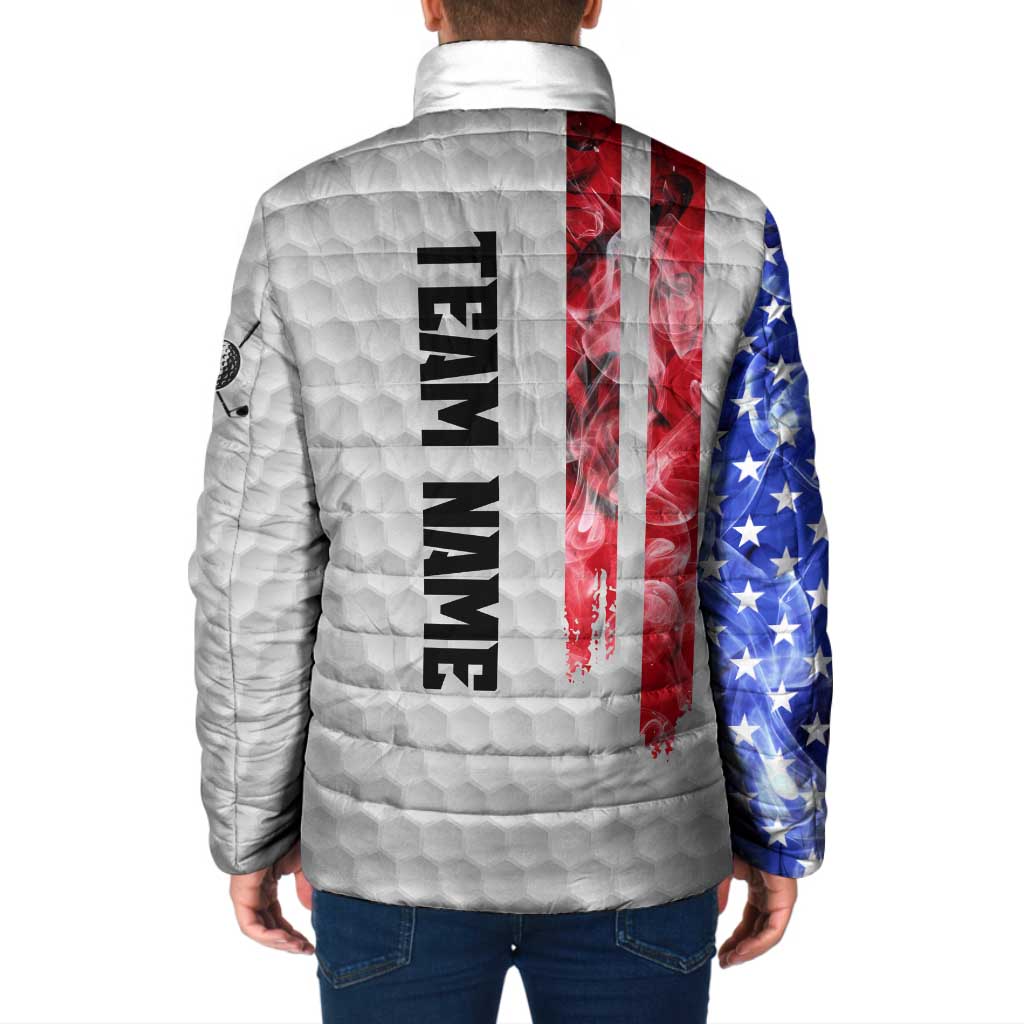 Custom Golf Ball and Clubs Padded Jacket with American Flag Smoke Effect and Hexagon Pattern - Wonder Print Shop