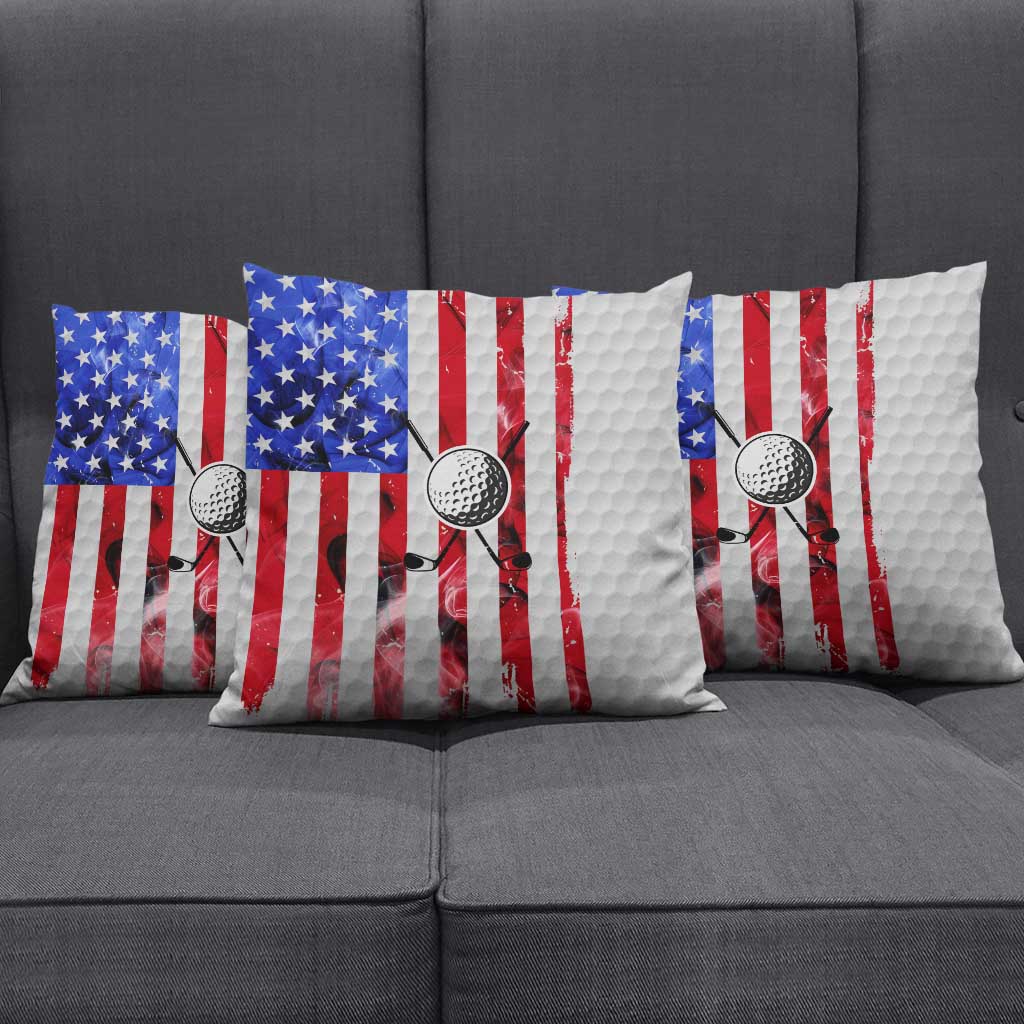Golf Ball and Clubs Pillow Cover with American Flag Smoke Effect and Hexagon Pattern - Wonder Print Shop