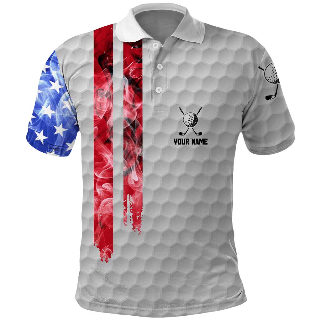 Custom Golf Ball and Clubs Polo Shirt with American Flag Smoke Effect and Hexagon Pattern - Wonder Print Shop