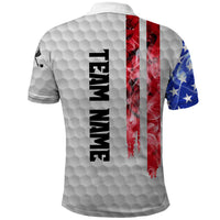 Custom Golf Ball and Clubs Polo Shirt with American Flag Smoke Effect and Hexagon Pattern - Wonder Print Shop