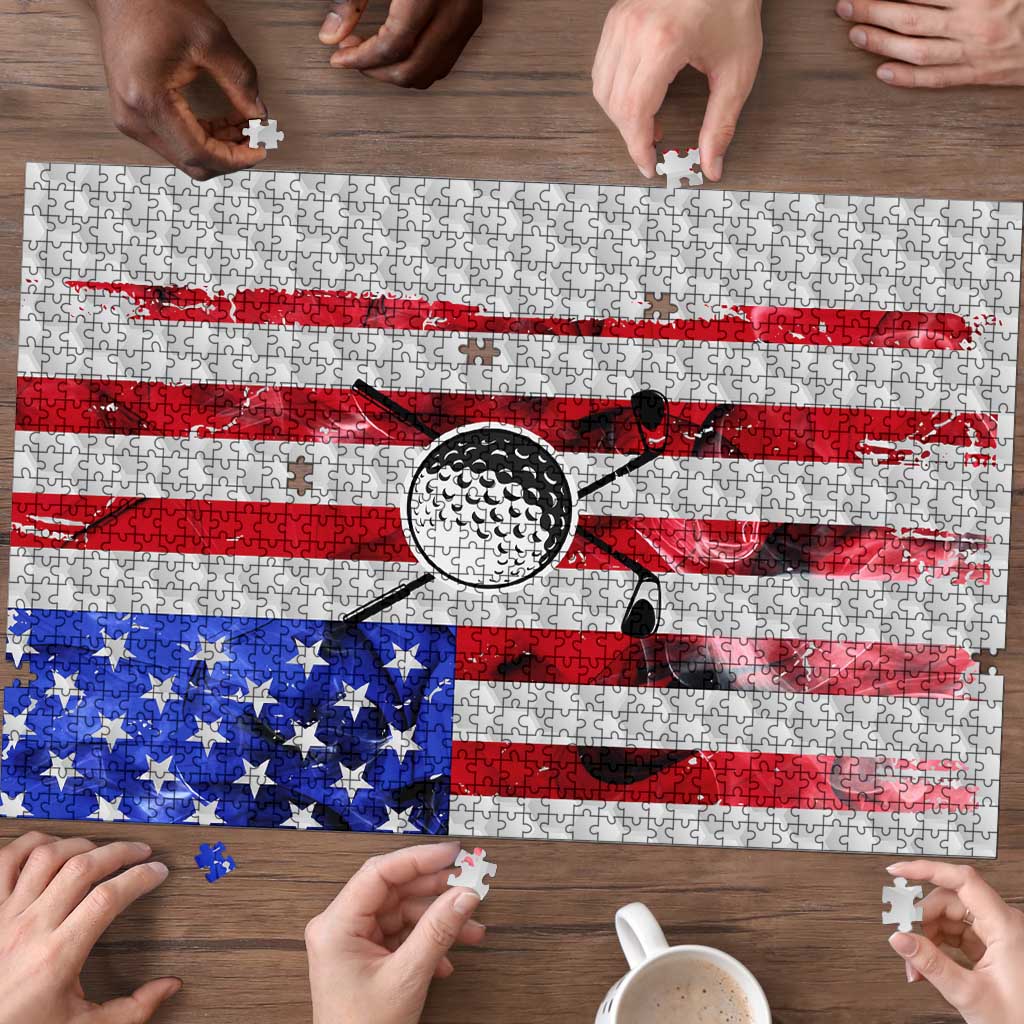 Golf Ball and Clubs Puzzle with American Flag Smoke Effect and Hexagon Pattern - Wonder Print Shop